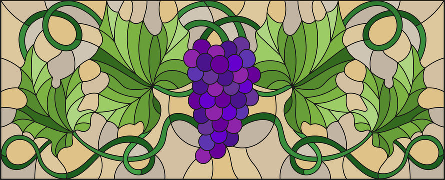 The illustration in stained glass style painting with a bunch of red grapes and leaves on brown background,horizontal orientation