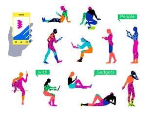 People using gadgets set. Simple straight line silhouettes collection in trendy memphis style. People online social networking