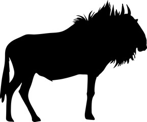 Silhouette of a standing blue wildebeest antelope, hand drawn vector illustration isolated on white background