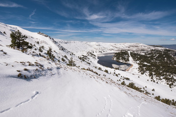 Fototapeta na wymiar Winter landscape of Neila lagoons park, in Burgos, Demanda mountain range, castilla y Leon, Spain.