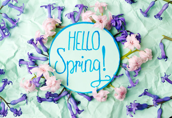 Hello spring note with hyacinth flowers