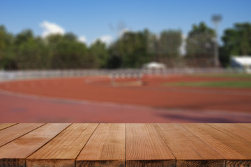  Empty top of wooden table or counter with summer landscape blue sky clouds Vibrantly colorful background. For product display,can be used for montage or display your products