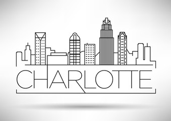 Minimal Charlotte Linear City Skyline with Typographic Design - obrazy, fototapety, plakaty