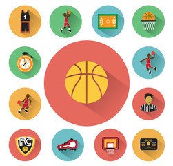 Modern flat basketball icons set with long shadow effect