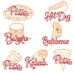 Pizza, barbecue, kebab, hot dog, burgers. Set of hand drawn fast food emblems. Design elements for logo, label, emblem, sign, menu. Vector illustration