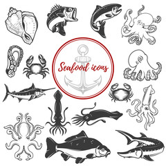 Set of seafood icons isolated on white background. Octopus, crabs,carp, trout. Design elements for logo, label, emblem, sign, brand mark. Vector illustration.