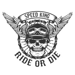 Racer skull with wings. Biker power. Ride or die. Design element for poster, t-shirt, emblem. Vector illustration