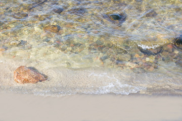 Soft Wave Of Ocean On Sandy Beach. Background. Selective focus.
