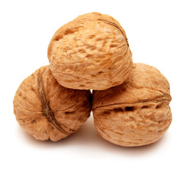 Dry walnuts in shell isolated on white background. Flat lay, top view