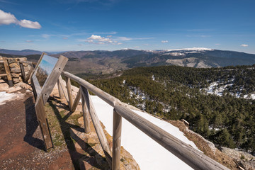 Fototapeta na wymiar Winter landscape of a viewpoint in Neila lagoons park, in Burgos, Demanda mountain range, castilla y Leon, Spain.