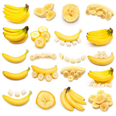 Collection of bananas isolated on white background. Flat lay, top view