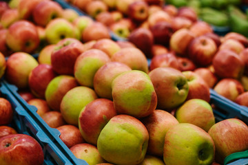 Fresh apples. Natural local products on the farm market. Harvesting. Seasonal products. Food.