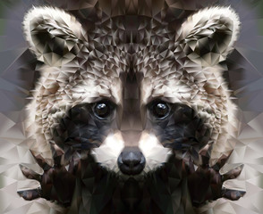 Poligon raccoon head with hands. © bunmihail