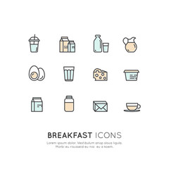 Isolated Vector Style Watercolor Illustration Logo Set Badge of Morning Breakfast Hot Drink, Eggs, Cheese, Diary and Milk Products. Farm and Organic symbols. Food Intolerance