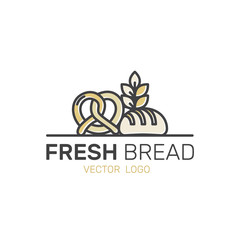Vector Icon Style Illustration Logo of Bakery Sweet Shop Production, Custom Cakes, Bread Factory, Pretzel and Wheat, Isolated Minimalistic Object