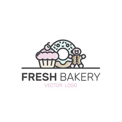 Vector Icon Style Illustration Logo of Bakery Sweet Shop Production, Custom Cakes, Bread Factory, Pretzel and Wheat, Donut, Cookie, Cupcake, Gingerman, Isolated Minimalistic Object