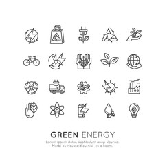 Vector Icon Style Logo Set Design of environment, renewable energy, sustainable technology, recycling, ecology solutions. Website, mobile app design, electric car,bio technology, package, solar power