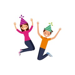 happy people with party hats over white background. colorful design. vector illustration