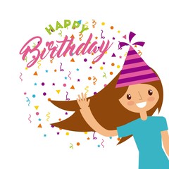 happy birthday card with girl wearing a party hat over white background. colorful design. vector illustration