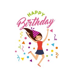 happy birthday card with girl wearing a party hat over white background. colorful design. vector illustration