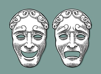 Comedy and tragedy theater masks. Vector engraving vintage black illustration