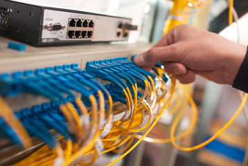 Fiber Optic cables connected to an optic ports and UTP Network cables connected to ethernet ports....