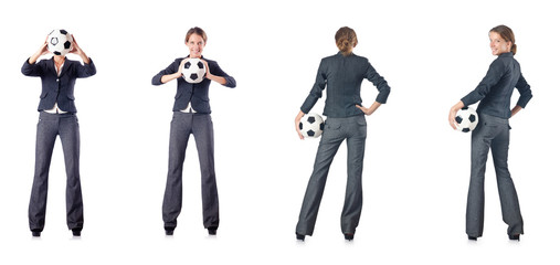 Businesswoman with football on white