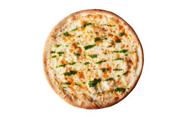 Margarita pizza with pesto sauce top view isolated, white background