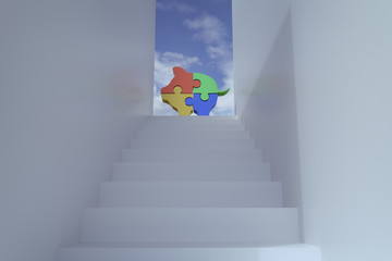 3d rendering of stairs with piggy puzzle  blocks against blue sky