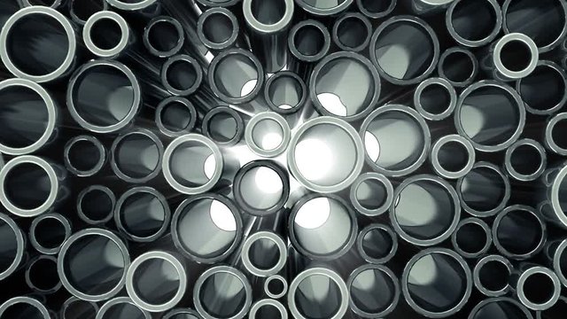 Seamless Looping Animation of Stack Steel Metal Tubes with Light Breaking Through a Pipes