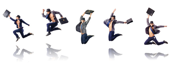 Jumping businessman isolated on white