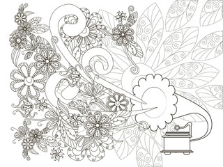 Monochrome doodle hand drawn gramophone with flowers. Anti stress stock vector illustration