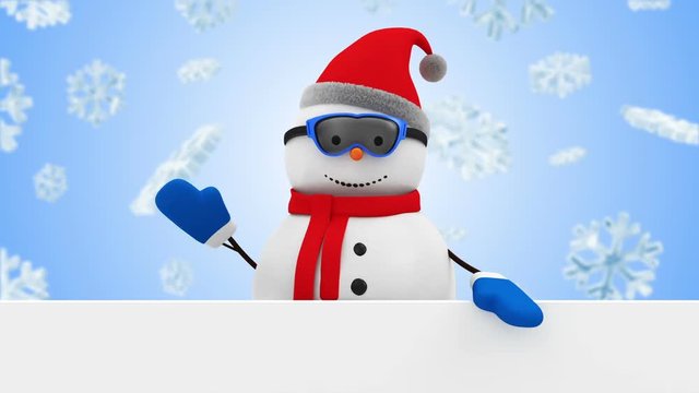 Animation of Happy Snowman Greeting with Blank Board on different backgrounds