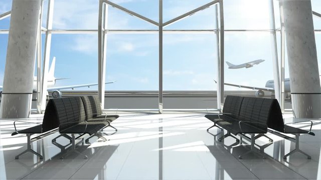 Animation of Airplane takes off from Airport. View from Airport Terminal Waiting Area