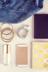 Woman fashion and beauty products flat lay on white. Blogging, social media concept