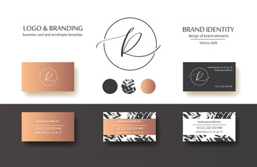 Sophisticated brand identity. Letter R line logo. Business card template included.