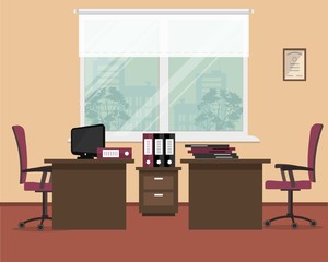 Office in orange-burgundy colors. Workplace for two workers. There are desks, chairs, a computer, folders and other objects in the picture. Vector flat illustration.