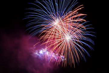 Fireworks in night sky. Multi-colored fireworks display on black background.