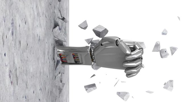 Animation of Mechanical Robotic Hand Breaking Concrete Wall with Green Screen and Alpha Matte