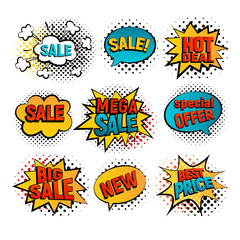 Sale pop art vector set. Big, Mega sale, Best price and Hot deal comic style. New, Special offer on spech bubble. Explosion bubbles isolated discount promotion - 142853397