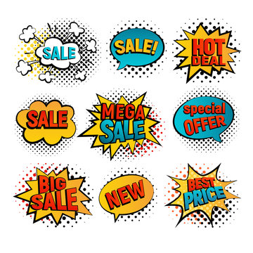 Sale pop art vector set. Big, Mega sale, Best price and Hot deal comic style. New, Special offer on spech bubble. Explosion bubbles isolated discount promotion