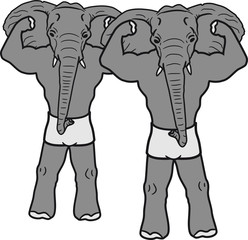 2 freunde duo team paar bodybuilder stark muskeln training posen trainieren sexy elefant kopf gesicht gemalt