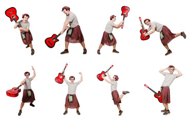Scotsman playing guitar isolated on white