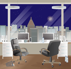Fototapeta na wymiar Office workplace interior design. Business objects, elements & equipment. Night sky.