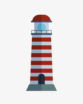 Cartoon flat lighthouse searchlight tower for maritime navigation guidance light vector illustration.