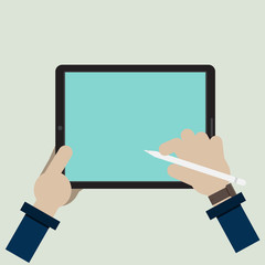 Business man holding blank tablet with pen. vector illustration in flat design. infographics web design elements