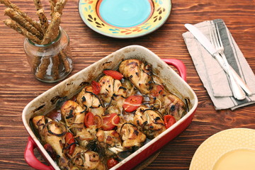 a roasting pan full of chicken thighs