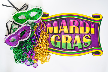 Mardi Gras banner with beads and masks in traditional, festive Mardi Gras colors