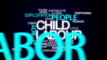 Child labour animated word cloud, text design animation.