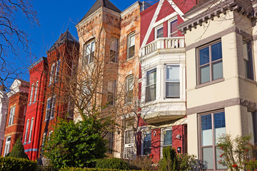 Historic architecture of Mount Vernon Square in Washington DC, USA. Residential brick row houses in US Capital.